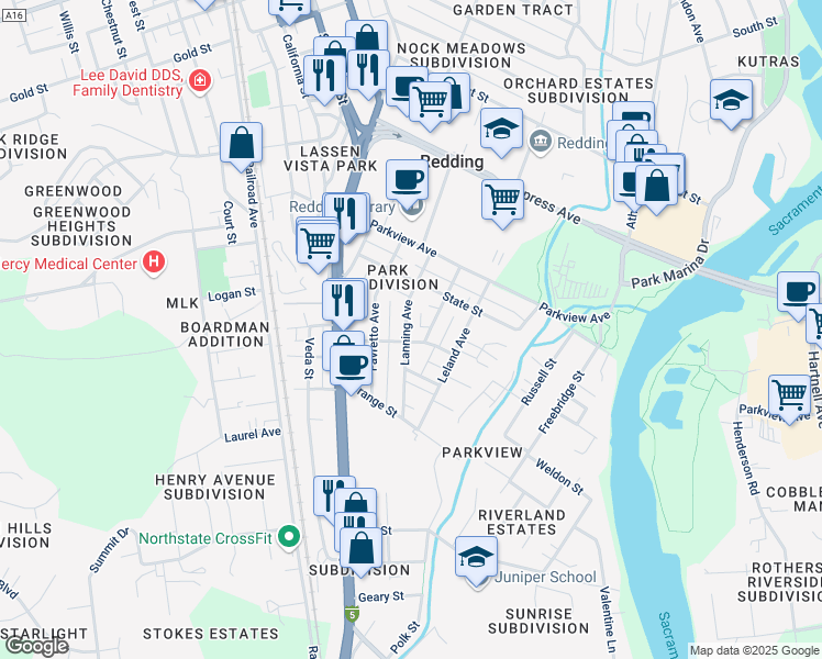 map of restaurants, bars, coffee shops, grocery stores, and more near 2749 Lanning Avenue in Redding