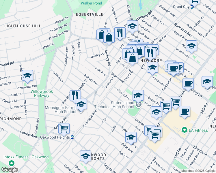 map of restaurants, bars, coffee shops, grocery stores, and more near 34 Behan Court in Staten Island