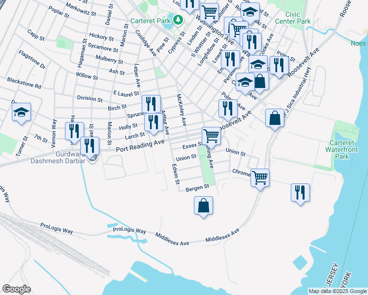 map of restaurants, bars, coffee shops, grocery stores, and more near 43 Essex Street in Carteret