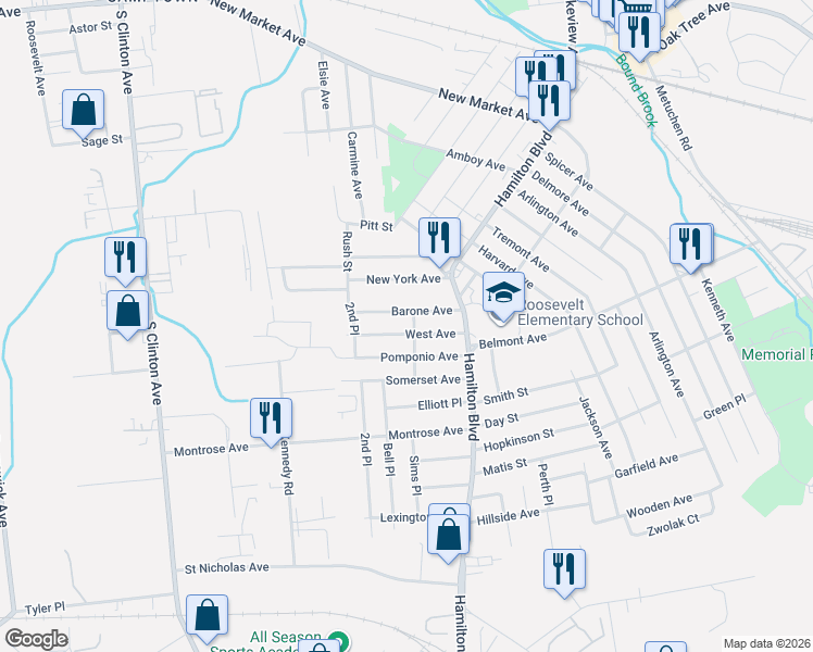 map of restaurants, bars, coffee shops, grocery stores, and more near 1405 Peek Street in South Plainfield