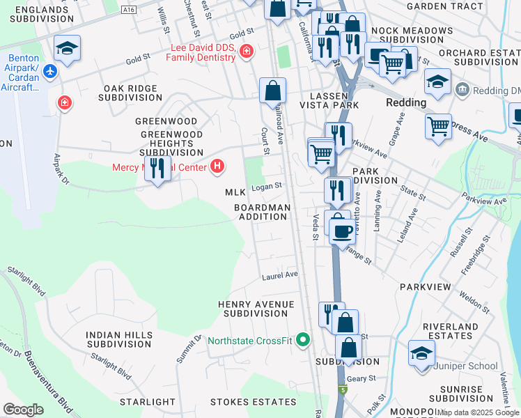 map of restaurants, bars, coffee shops, grocery stores, and more near 2825 West Street in Redding