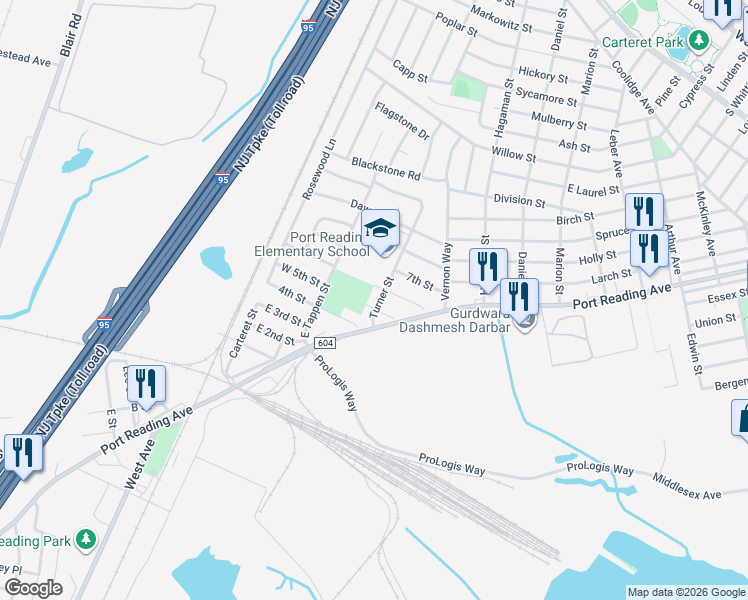 map of restaurants, bars, coffee shops, grocery stores, and more near 25 Turner Street in Woodbridge Township