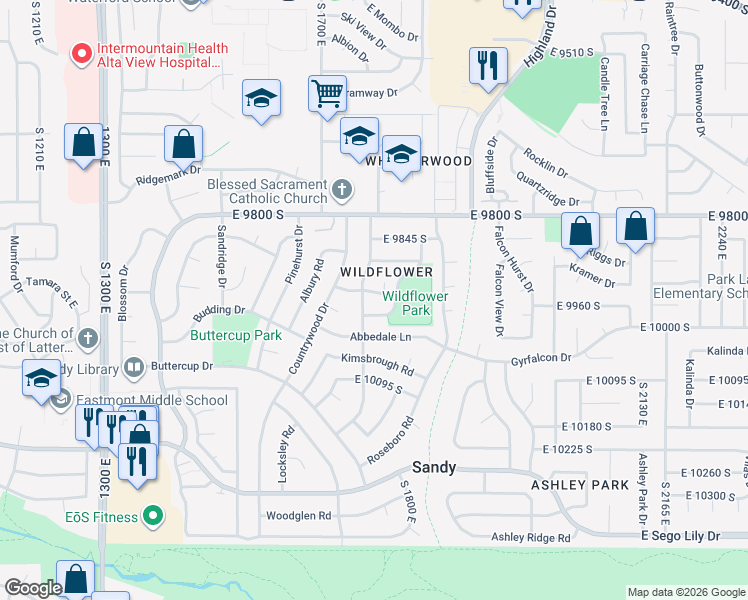 map of restaurants, bars, coffee shops, grocery stores, and more near 1770 Weybridge Lane in Sandy