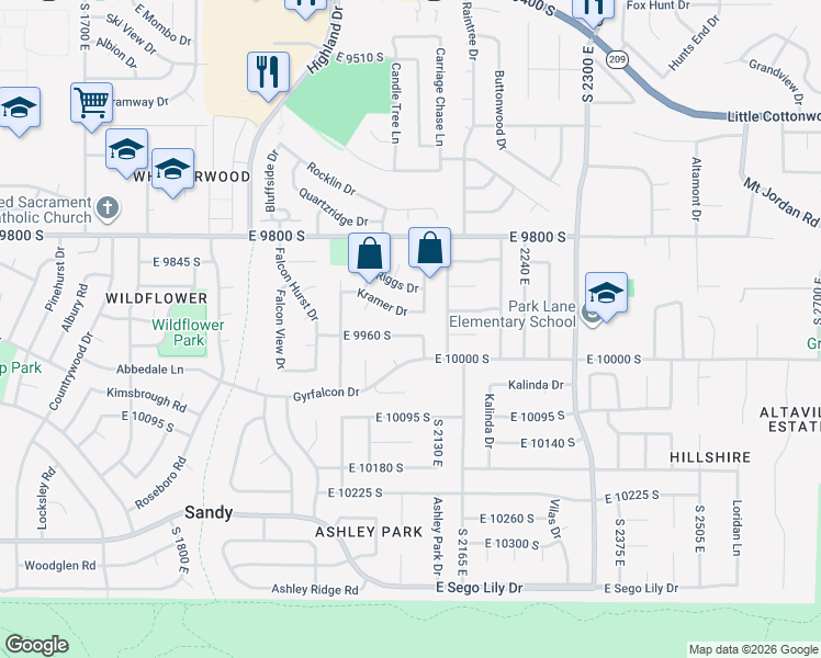 map of restaurants, bars, coffee shops, grocery stores, and more near 2095 Falcon Hill Drive in Sandy