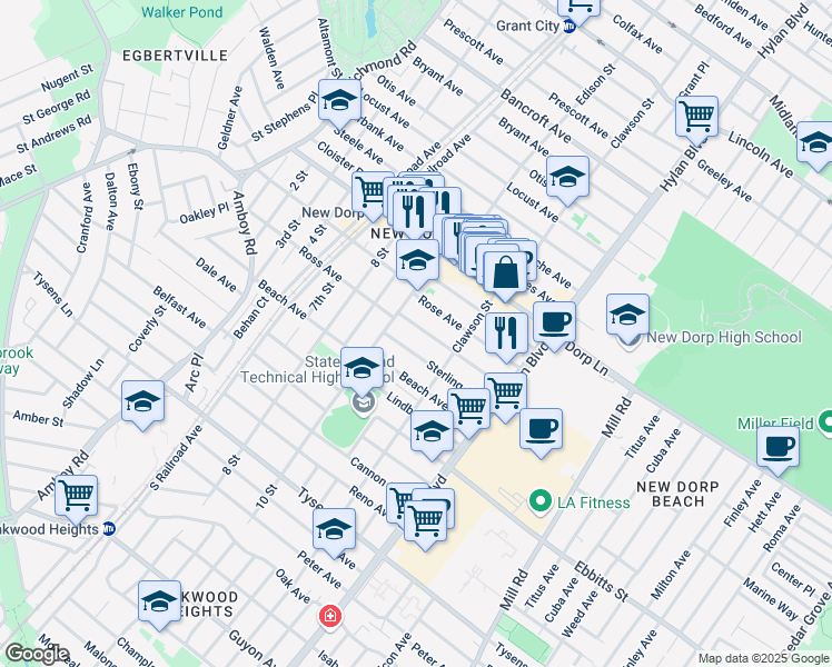 map of restaurants, bars, coffee shops, grocery stores, and more near 284 Ross Avenue in Staten Island