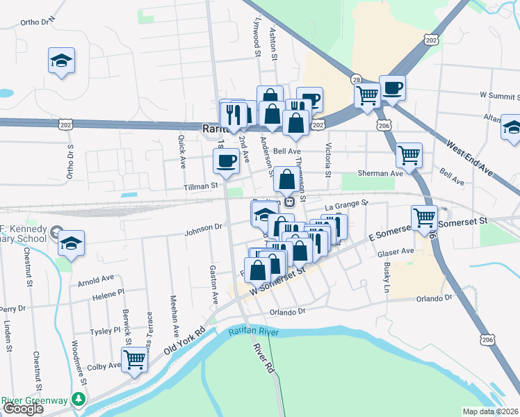 map of restaurants, bars, coffee shops, grocery stores, and more near 63 Anderson Street in Raritan
