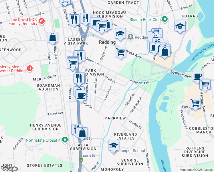map of restaurants, bars, coffee shops, grocery stores, and more near 2718 Leland Avenue in Redding