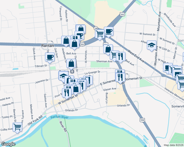 map of restaurants, bars, coffee shops, grocery stores, and more near 29 Codington Street in Raritan