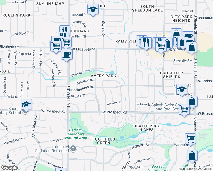 map of restaurants, bars, coffee shops, grocery stores, and more near 1728 Springfield Drive in Fort Collins