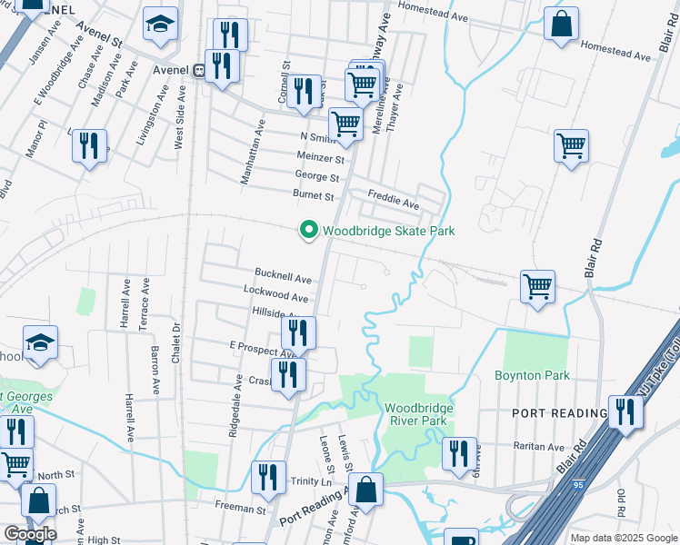 map of restaurants, bars, coffee shops, grocery stores, and more near 1203 Duke Drive in Woodbridge Township
