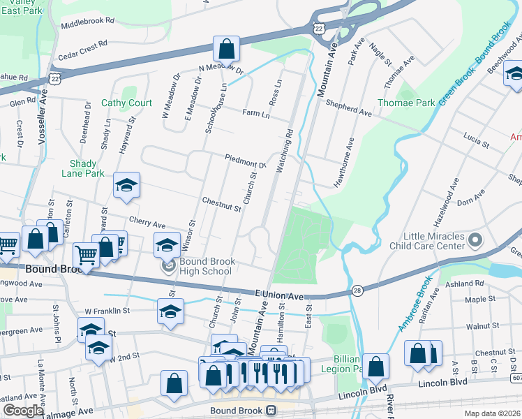 map of restaurants, bars, coffee shops, grocery stores, and more near 589 Watchung Road in Bound Brook
