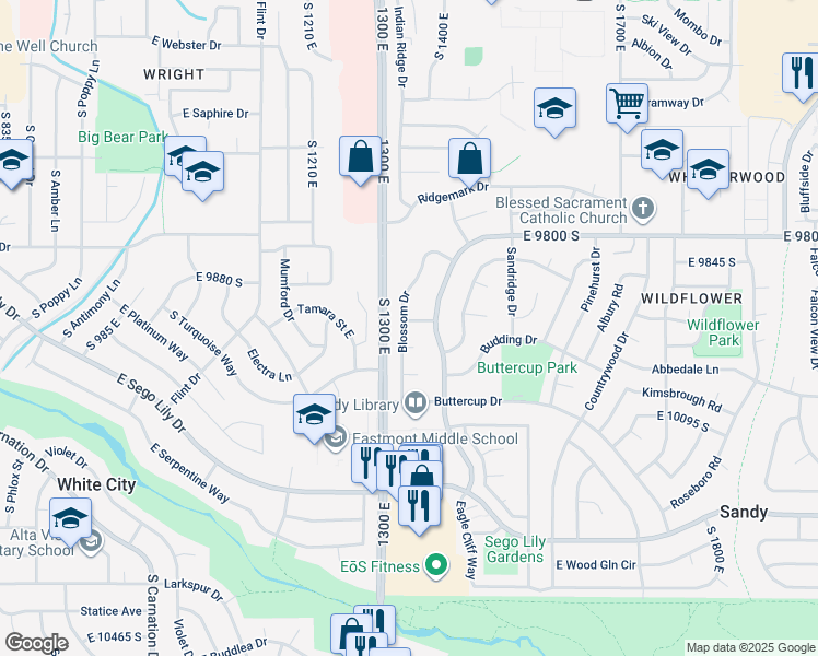 map of restaurants, bars, coffee shops, grocery stores, and more near 9961 Blossom Drive in Sandy