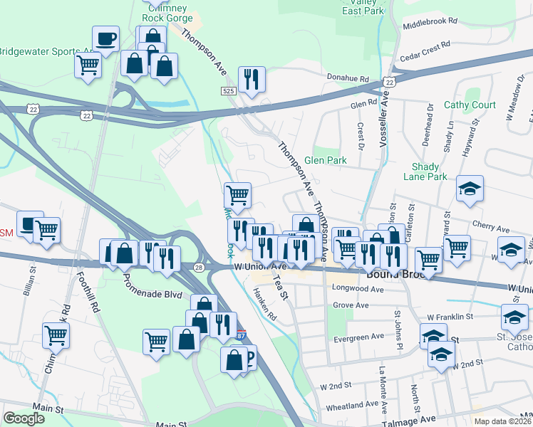 map of restaurants, bars, coffee shops, grocery stores, and more near 622 Legion Court in Bound Brook