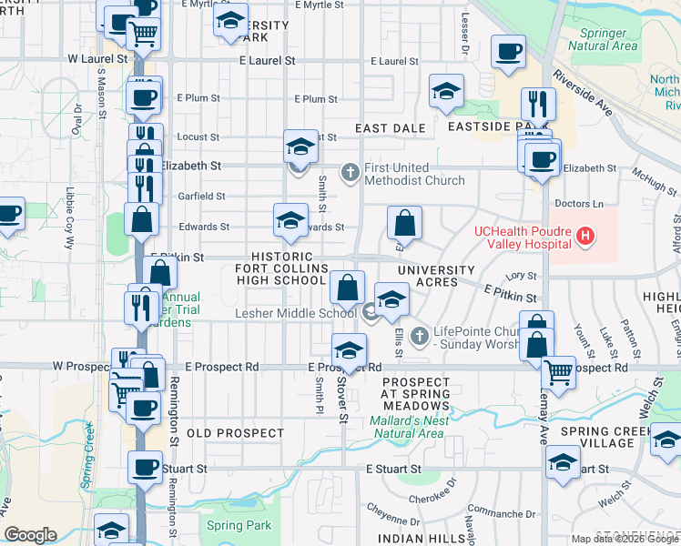 map of restaurants, bars, coffee shops, grocery stores, and more near 430 Circle Drive in Fort Collins