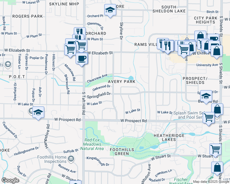 map of restaurants, bars, coffee shops, grocery stores, and more near 1210 Castlerock Drive in Fort Collins