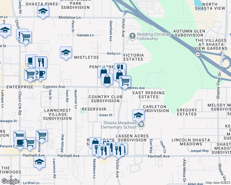 map of restaurants, bars, coffee shops, grocery stores, and more near 2519 Bunker Street in Redding