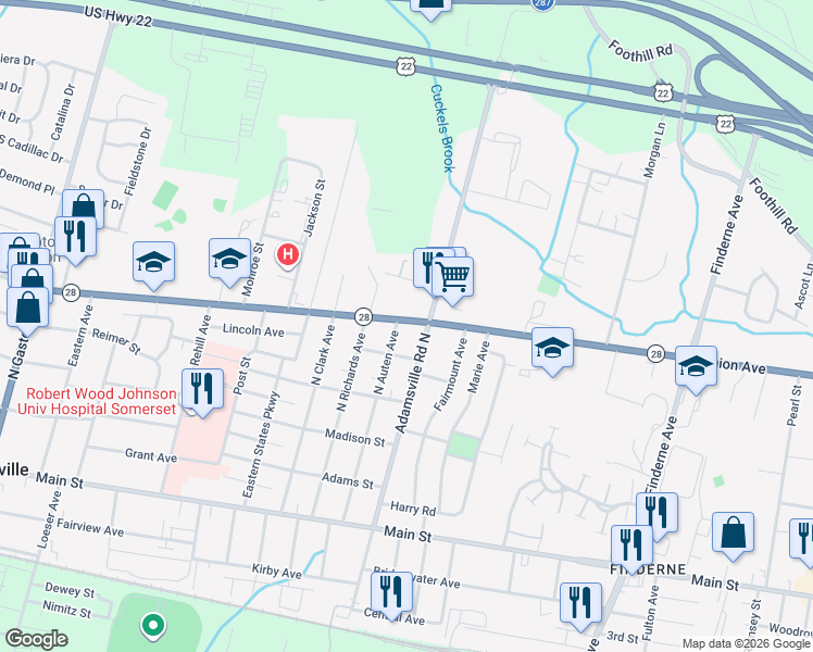 map of restaurants, bars, coffee shops, grocery stores, and more near 148 North Auten Avenue in Somerville
