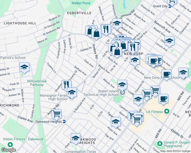 map of restaurants, bars, coffee shops, grocery stores, and more near 48 Behan Court in Staten Island
