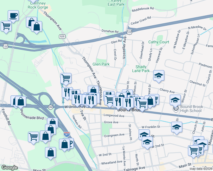 map of restaurants, bars, coffee shops, grocery stores, and more near 431 William St in Bound Brook