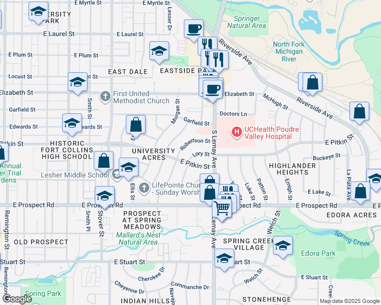 map of restaurants, bars, coffee shops, grocery stores, and more near 1213 Lory Street in Fort Collins