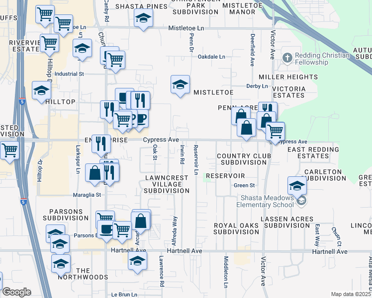 map of restaurants, bars, coffee shops, grocery stores, and more near 2541 Irwin Road in Redding