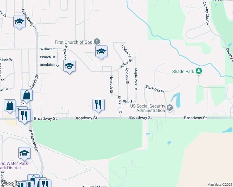 map of restaurants, bars, coffee shops, grocery stores, and more near 200 Hemlock Street in Pekin