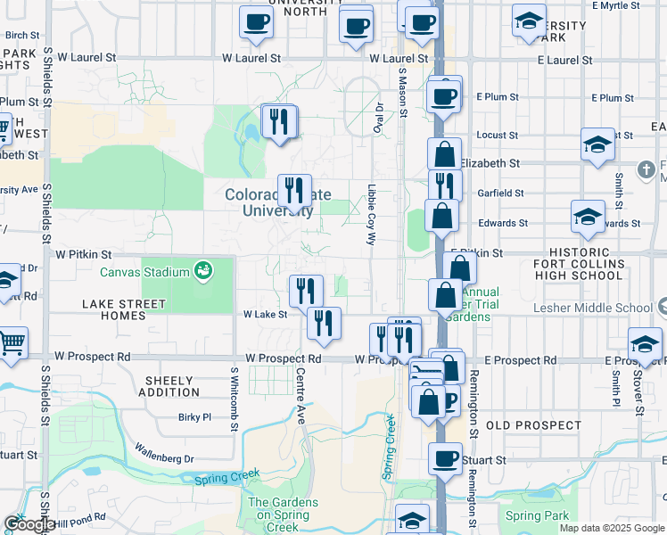 map of restaurants, bars, coffee shops, grocery stores, and more near 301 West Pitkin Street in Fort Collins