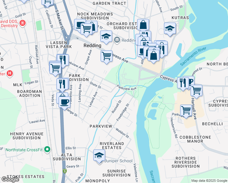 map of restaurants, bars, coffee shops, grocery stores, and more near 633 State Street in Redding