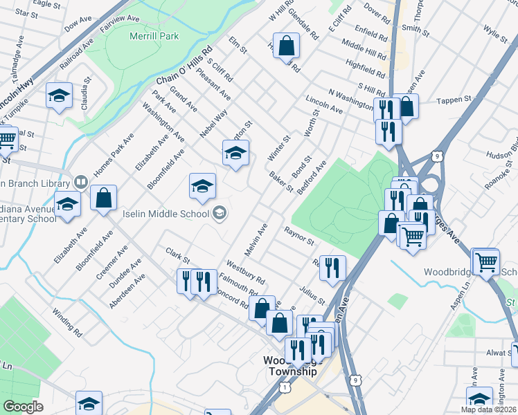 map of restaurants, bars, coffee shops, grocery stores, and more near 7 Able Street in Woodbridge Township