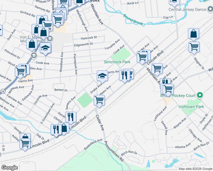 map of restaurants, bars, coffee shops, grocery stores, and more near 537 Voorhees Avenue in Middlesex
