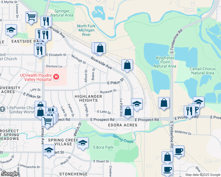 map of restaurants, bars, coffee shops, grocery stores, and more near 1616 Buckeye Street in Fort Collins