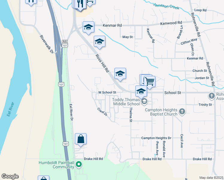 map of restaurants, bars, coffee shops, grocery stores, and more near 2363 School Street in Fortuna