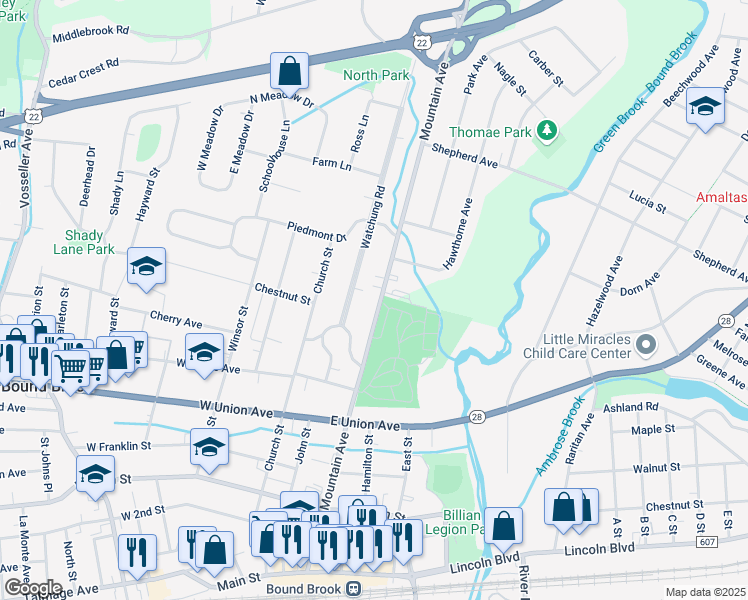 map of restaurants, bars, coffee shops, grocery stores, and more near 581 Mountain Avenue in Bound Brook