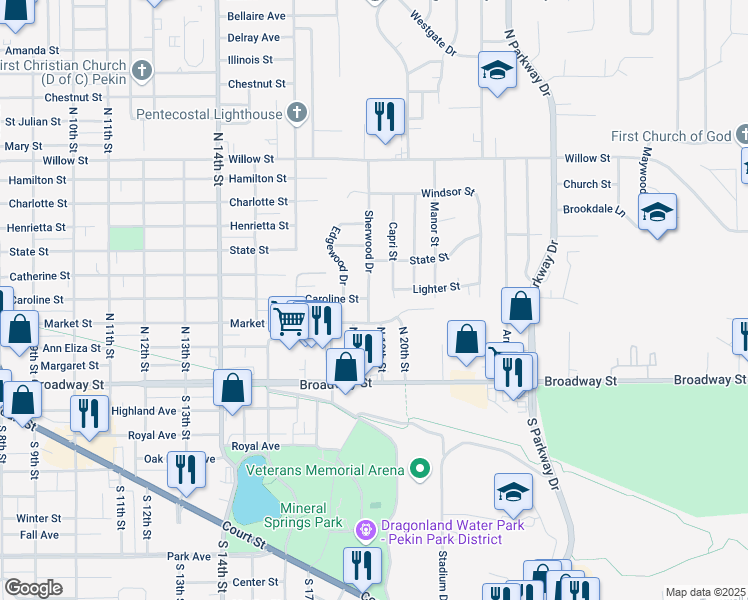 map of restaurants, bars, coffee shops, grocery stores, and more near 208 Sherwood Drive in Pekin