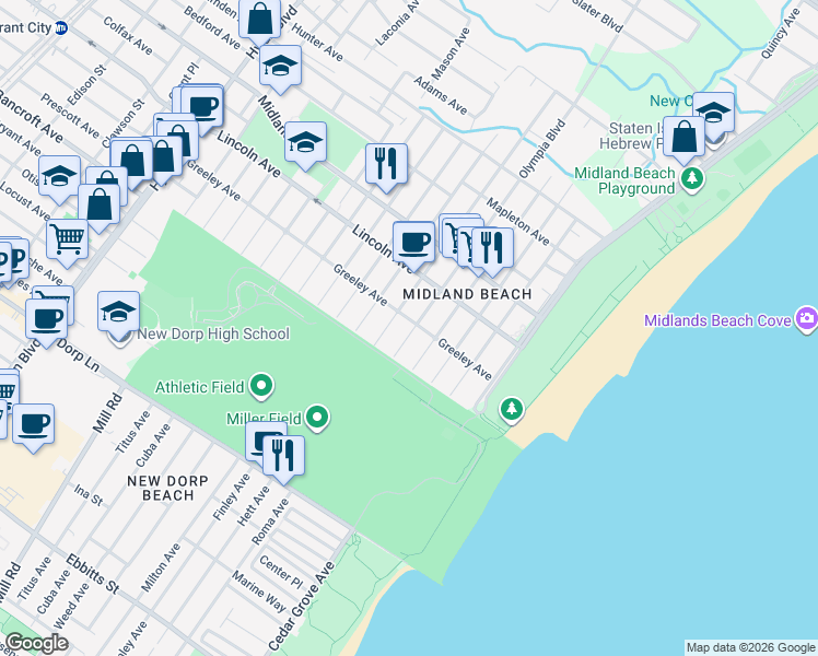 map of restaurants, bars, coffee shops, grocery stores, and more near 564 Greeley Avenue in Staten Island