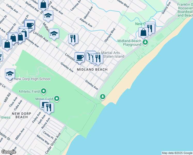 map of restaurants, bars, coffee shops, grocery stores, and more near 1215 Fr Capodanno Boulevard in Staten Island