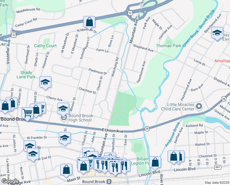 map of restaurants, bars, coffee shops, grocery stores, and more near 585 Mountain Avenue in Bound Brook