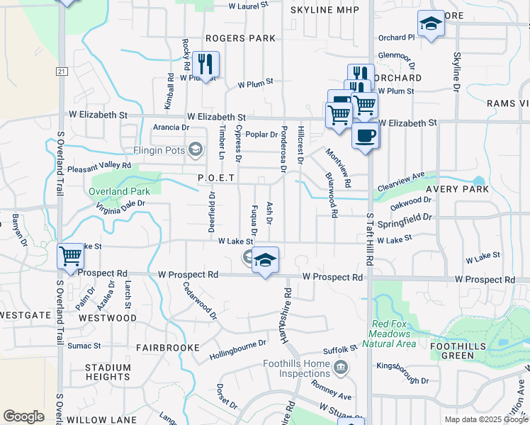 map of restaurants, bars, coffee shops, grocery stores, and more near 1301 Ash Drive in Fort Collins