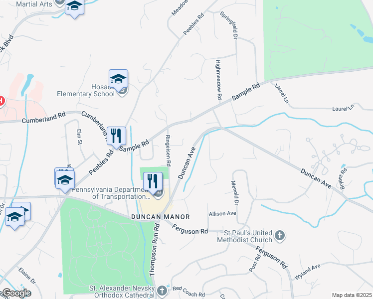 map of restaurants, bars, coffee shops, grocery stores, and more near 1825 Duncan Avenue in McCandless