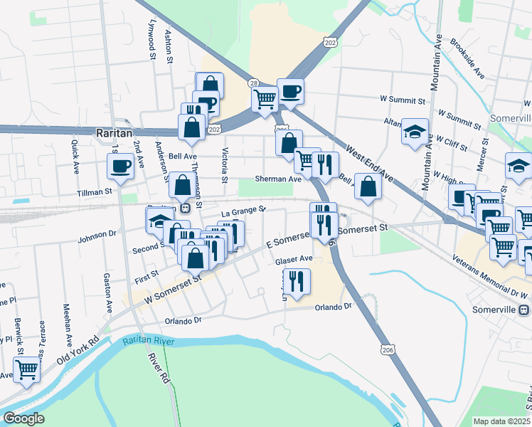 map of restaurants, bars, coffee shops, grocery stores, and more near 22 Reimer Street in Raritan