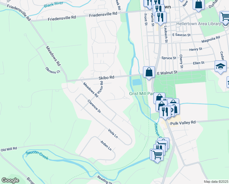 map of restaurants, bars, coffee shops, grocery stores, and more near 1849 Mallard Court in Hellertown