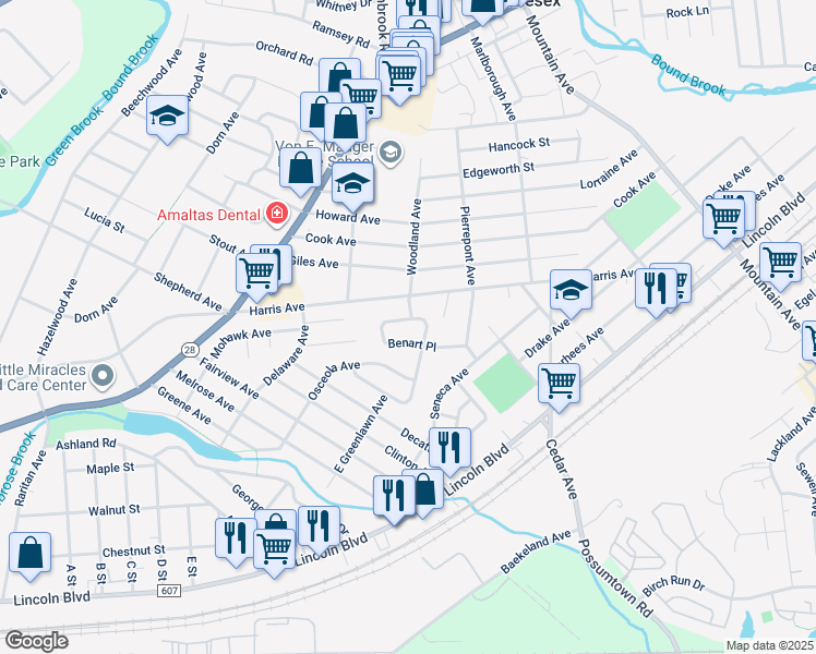 map of restaurants, bars, coffee shops, grocery stores, and more near 134 Benart Place in Middlesex