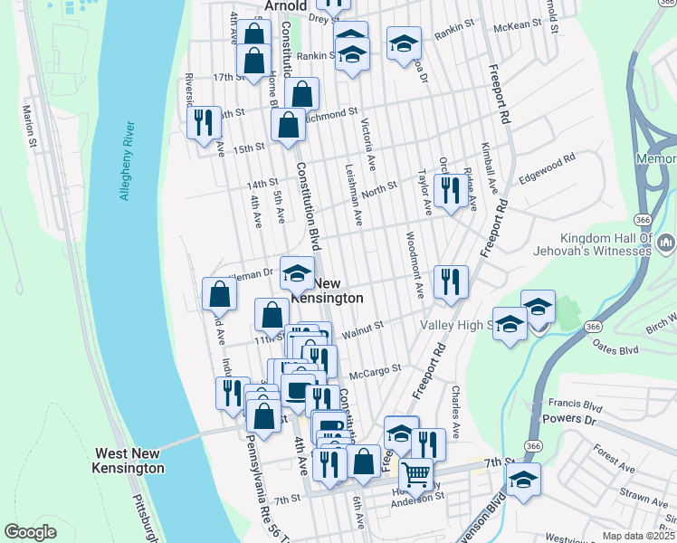 map of restaurants, bars, coffee shops, grocery stores, and more near 1223 Kenneth Avenue in New Kensington