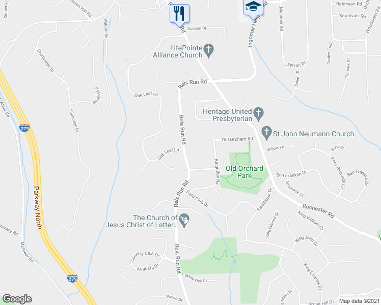 map of restaurants, bars, coffee shops, grocery stores, and more near 2244 Reis Run Road in Pittsburgh