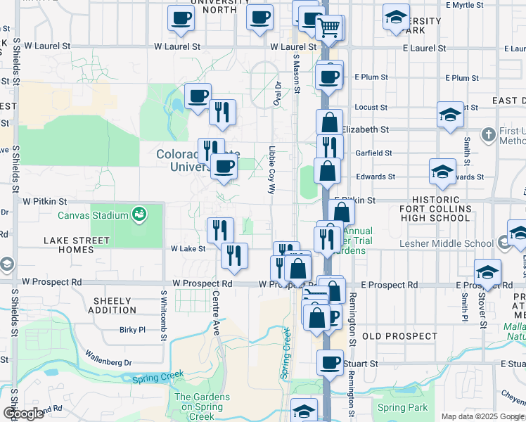map of restaurants, bars, coffee shops, grocery stores, and more near 251 West Pitkin Street in Fort Collins
