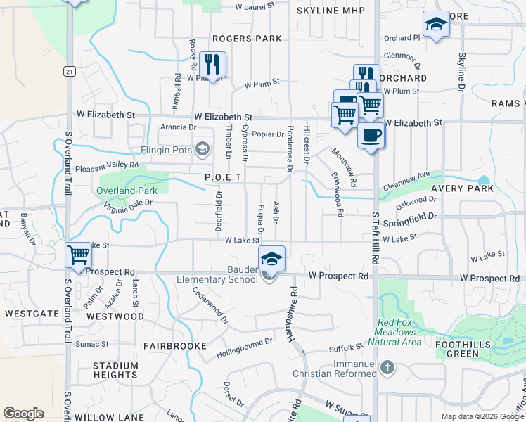 map of restaurants, bars, coffee shops, grocery stores, and more near 1301 Ash Drive in Fort Collins