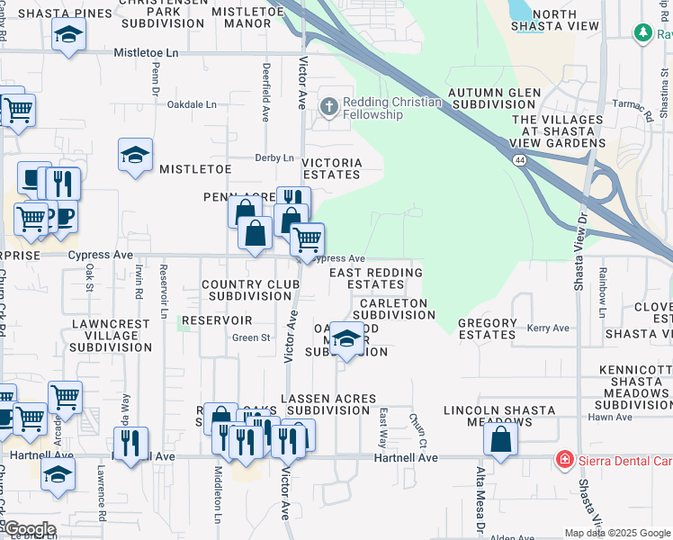 map of restaurants, bars, coffee shops, grocery stores, and more near 2513 Sabre Court in Redding