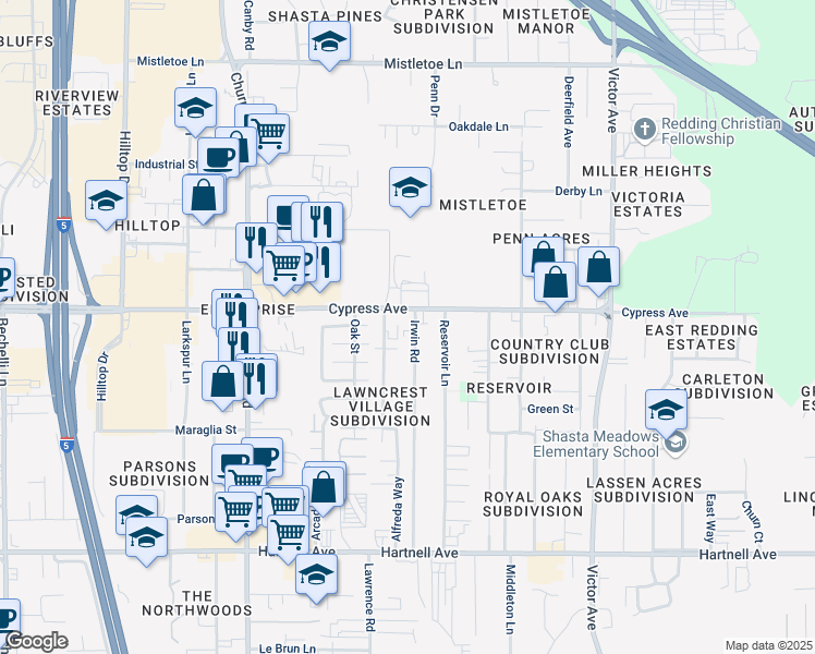 map of restaurants, bars, coffee shops, grocery stores, and more near 2739-2501 Alfreda Way in Redding