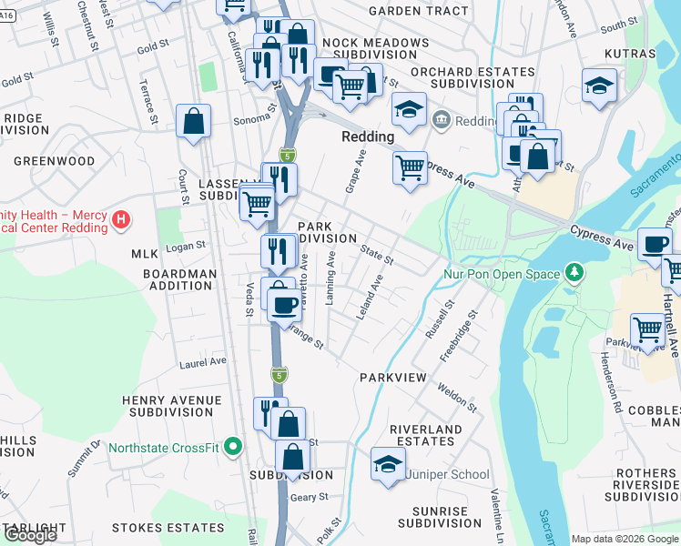 map of restaurants, bars, coffee shops, grocery stores, and more near 2749 Lanning Avenue in Redding