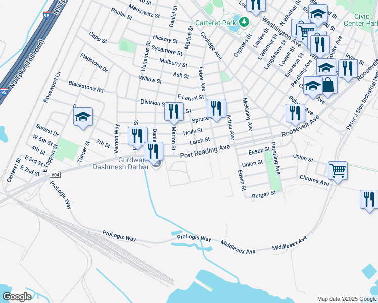 map of restaurants, bars, coffee shops, grocery stores, and more near 865 Port Reading Avenue in Woodbridge Township